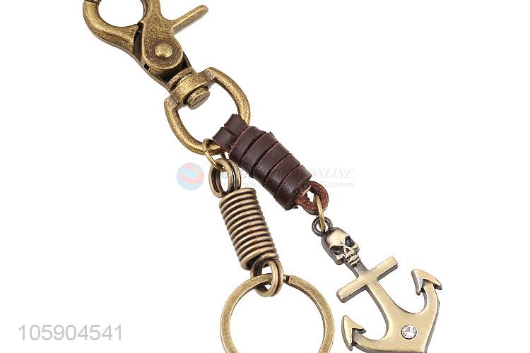 Yiwu factory weave leather key chain with retro anchor charms