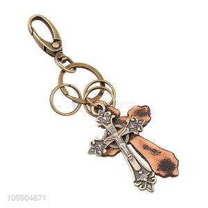 Top quality cross alloy pendant key chain leather key ring