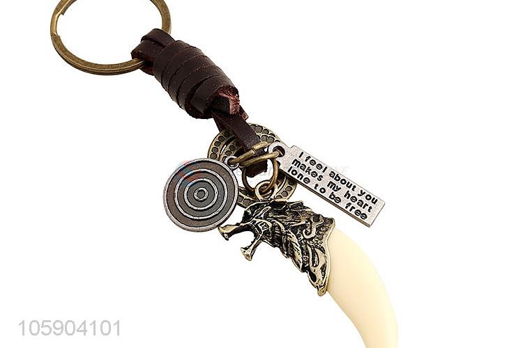 High quality weave leather key chain with retro fake ivory charms