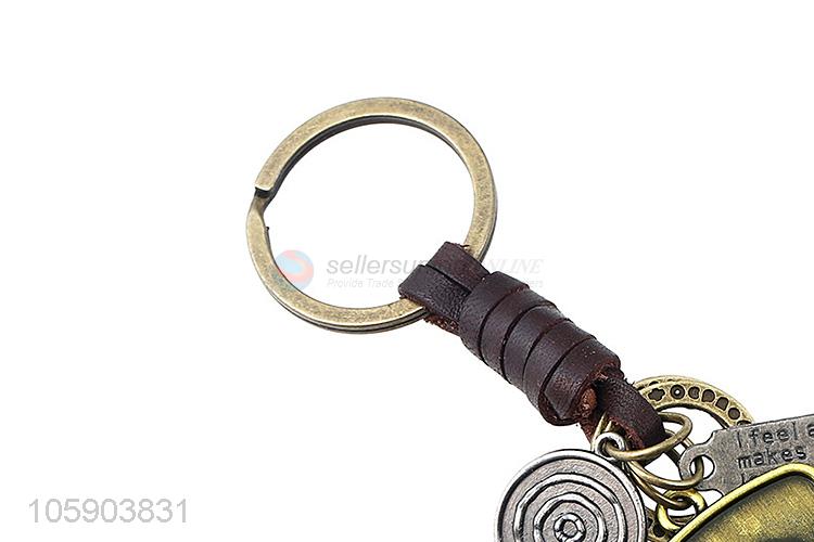 Recent design shield alloy pendant key chain leather key ring