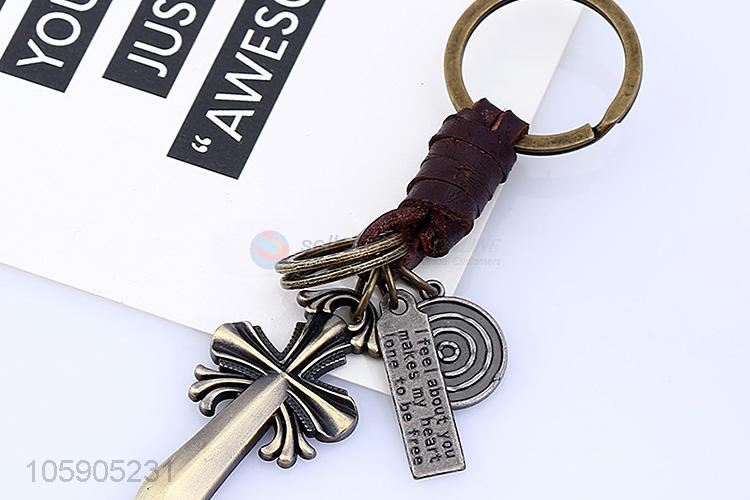 Professional suppliers cross alloy pendant key chain leather key ring