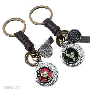 Superior factory round alloy pendant key chain leather key ring