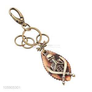 Cheap new leather key chain with retro skull charms