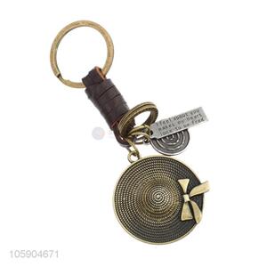 Customized cheap straw hat alloy pendant key chain leather key ring
