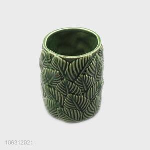 Factory price leaf embossed design green ceramic vase