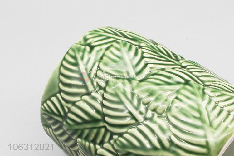 Factory price leaf embossed design green ceramic vase