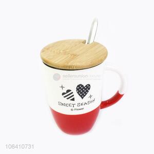 Fashion Modern Ceramic Coffee Cup With Bamboo Lid And Spoon