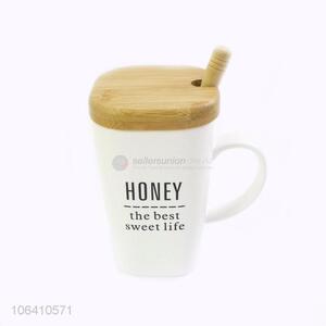 Contracted Design Ceramic Cup With Bamboo Lid And Spoon