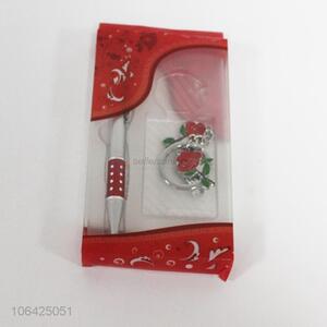 Wholesale exquisite metal ball-point pen and flower key ring set
