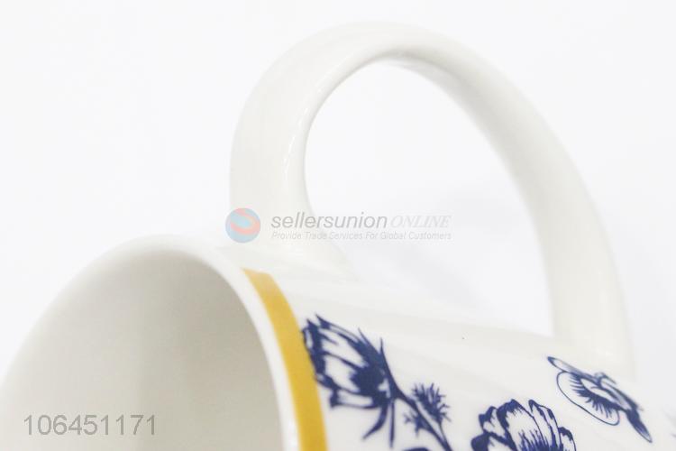 OEM factory blue flower pattern ceramic cup with handle
