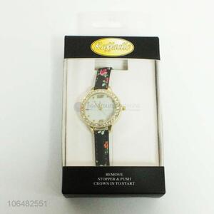 Custom black flowers printed watch band women wrist watch