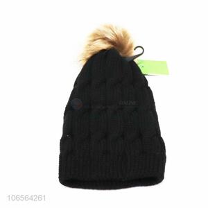 Suitable price women black acrylic knitting beanie hat with pompom