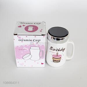 Popular design birthday cake printed ceramic cup with lid