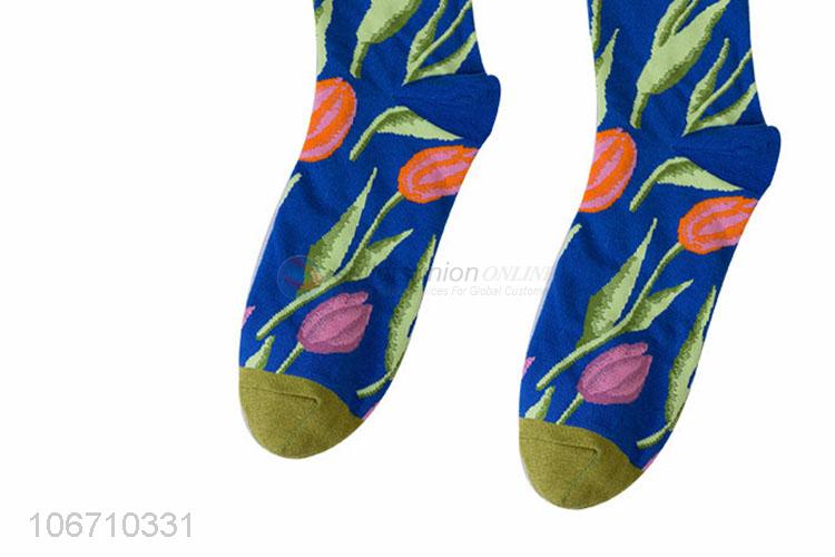 Most Popular Flowers Pattern Cotton Mid-Calf Length Sock Best Men Socks
