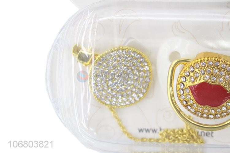 Best selling rhinestone alloy baby nipples pacifier with clip