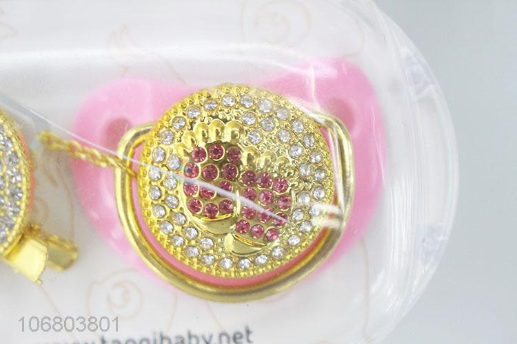 Wholesale price rhinestone alloy baby nipples pacifier with clip
