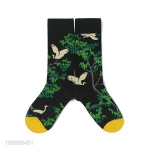 New design winter warm knitted jacquard red-crowned crane pattern cotton socks