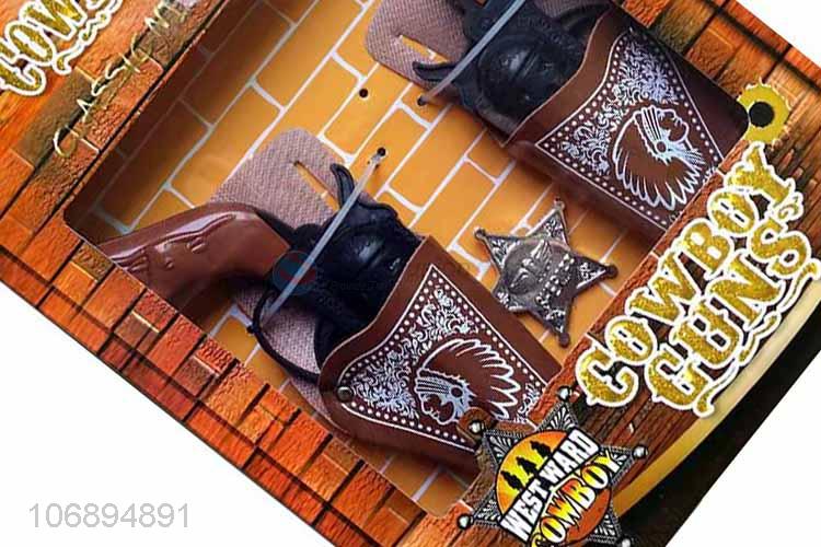 Double Cowboy Gun With Brown Gun Case And Police Badge Set