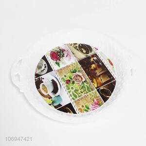 Custom printed white round plastic serving trays with handle