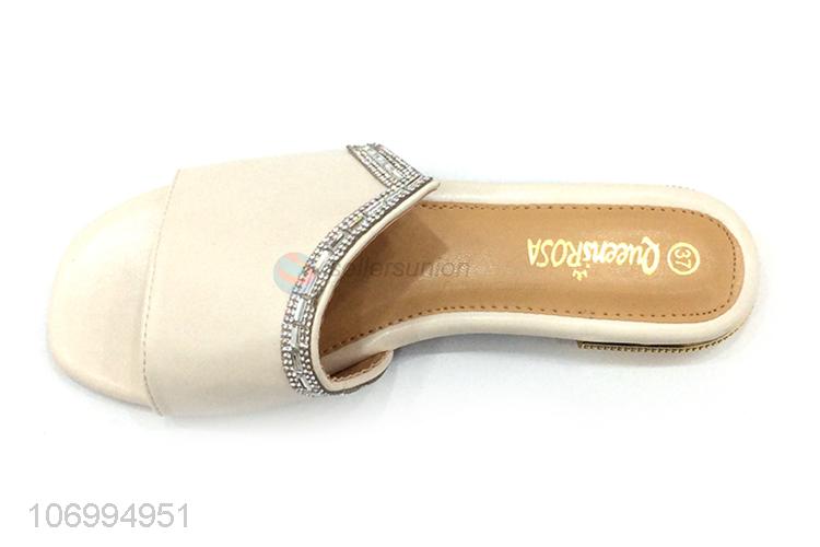 High sales fashion clear rhinestones pu leather ladies slippers