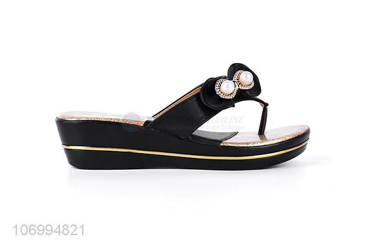 Promotional fashion pearls women platform slippers thong slippers