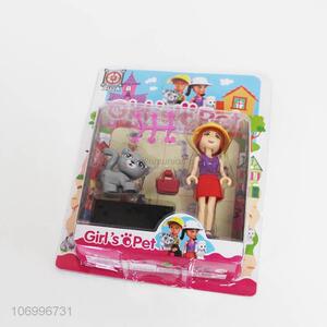 Hot selling cute plastic girl and cat set for kids
