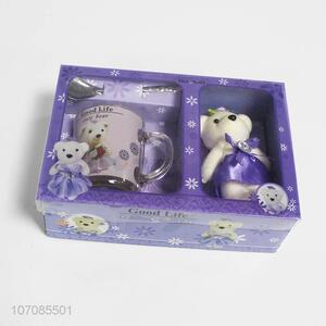 Factory sell valentines gift plush bear toy and glass cup set
