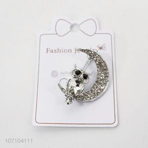 Good quality exquisite clear rhinestone owl moon alloy brooch