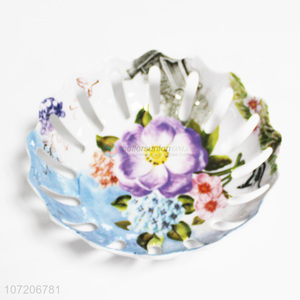 Promotional beautiful flower printed melamine fruit plate hollowed-out fruit plate