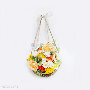 Factory direct sale home decoration plastic flowers with metal hanging basket