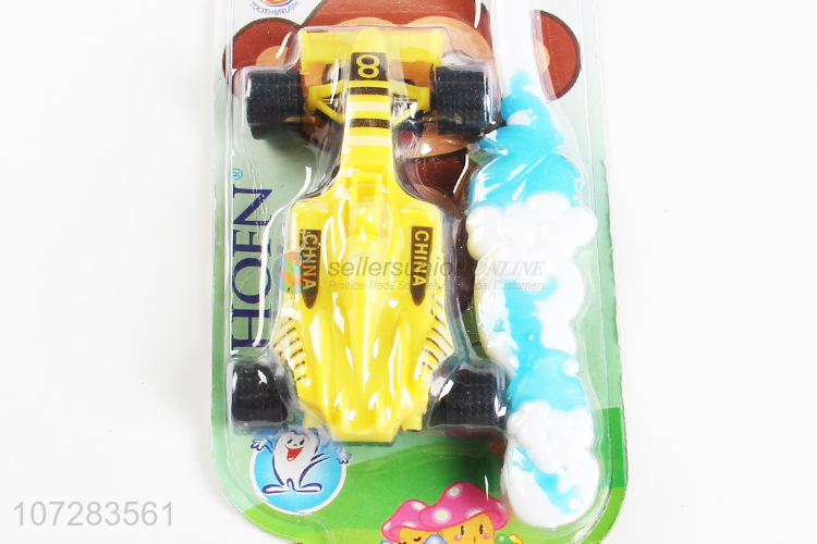 Unique design children cartoon toothbrush with 4-wheel racing car toy