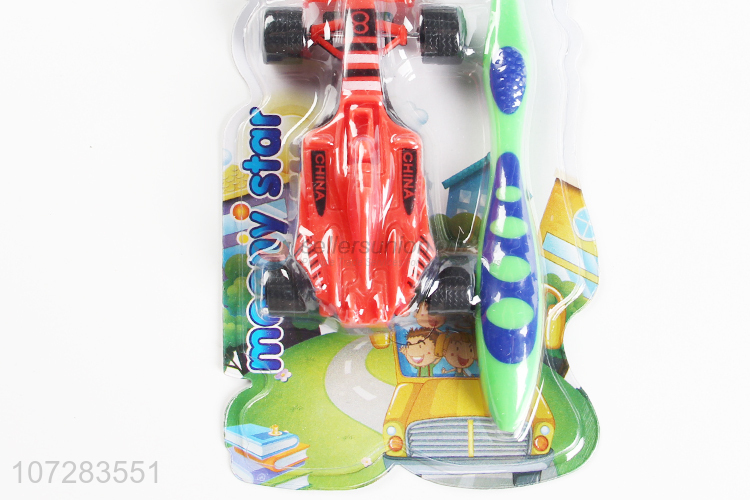 Latest design kids plastic toothbrush with toy 4-wheel racing car toy