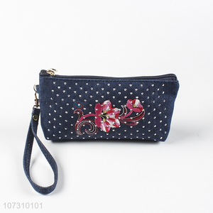 New products denim fabric embroidered ladies purse women wallet