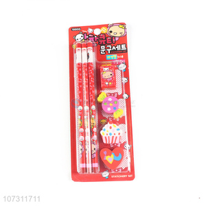 Factory Price Wooden Pencils With Cute Erasers Stationery Set
