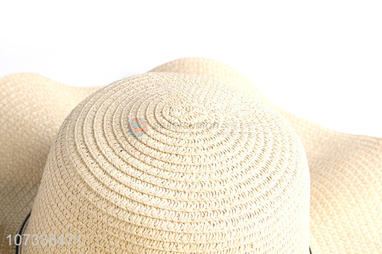 Contracted Design Paper Straw Hat Bow Sunhats Floppy Wave Straw Hat