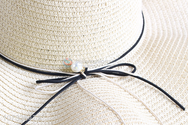 Contracted Design Paper Straw Hat Bow Sunhats Floppy Wave Straw Hat