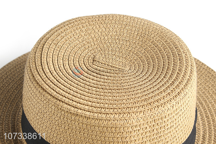 Factory Sell Woman Flat Top Straw Beach Hat Hat With Bow Decoration
