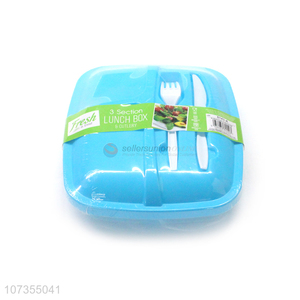 Low price bpa free 3 sections plastic lunch box with <em>cutlery</em>