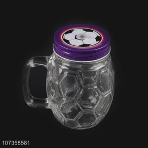 Promotional creative football shape glass juice cup with straw & lid