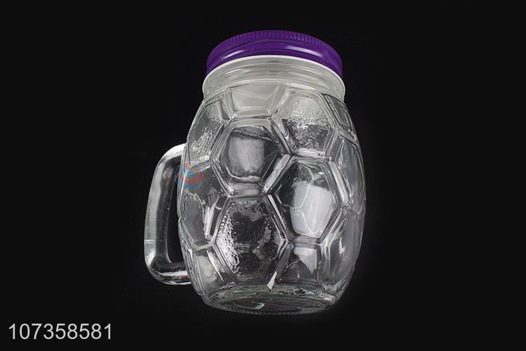 Promotional creative football shape glass juice cup with straw & lid