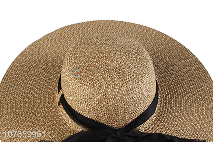 Best Selling Wide Brim Beach Hat With Black Cap Ribbon