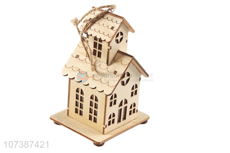 Promotional exquisite Christmas decoration carved wooden house with led light