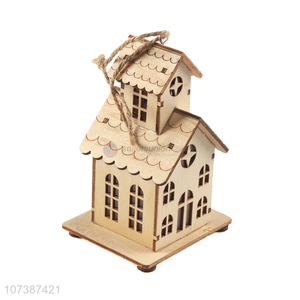 Promotional exquisite Christmas decoration carved wooden house with led light