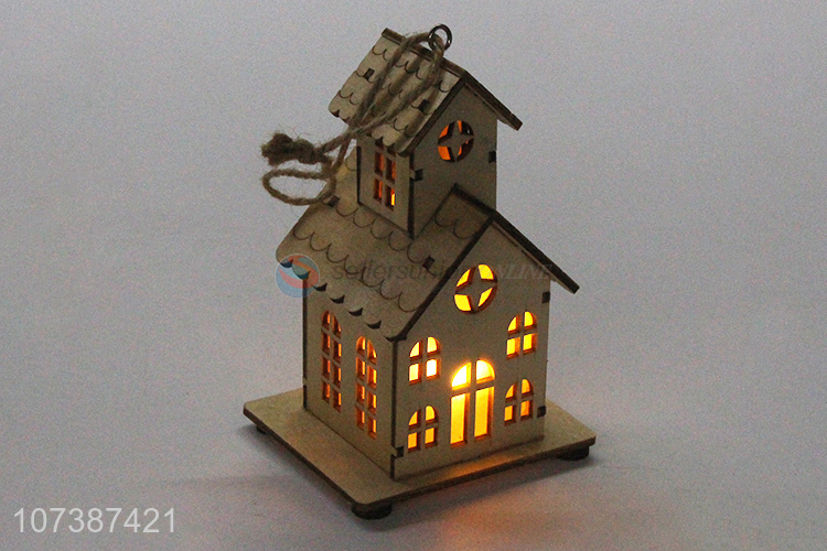 Promotional exquisite Christmas decoration carved wooden house with led light