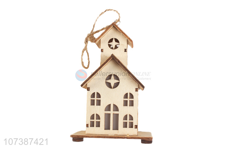 Promotional exquisite Christmas decoration carved wooden house with led light