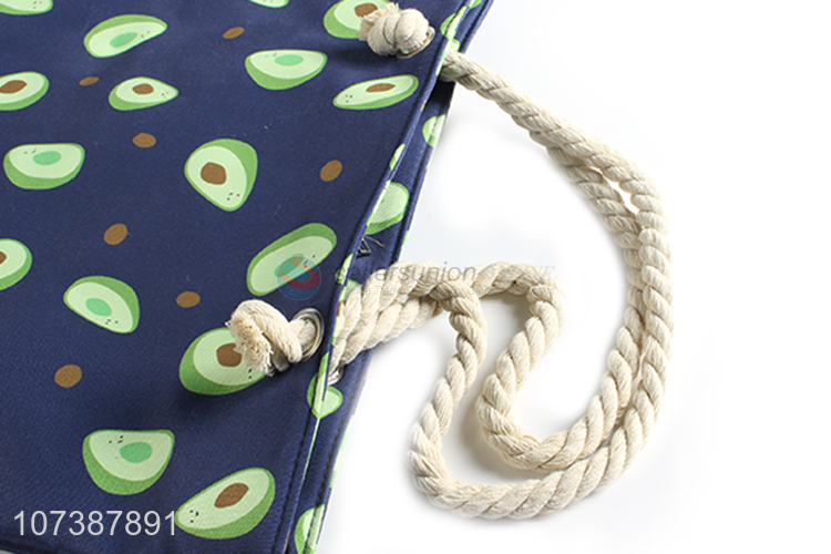 Popular Avocado Pattern Zipper Canvas Shopping Bag With Rope Handle