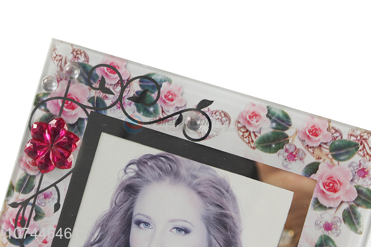 Delicate Design Flower Pattern Glass Photo Frame With Back Stander