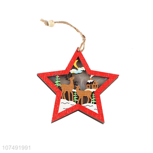 New Arrivals Star Design Hollow Out Wooden Christmas Tree Pendant With Light