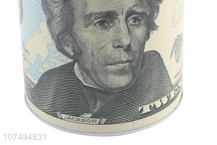 Latest arrival dollar printed round metal money box tin coin bank