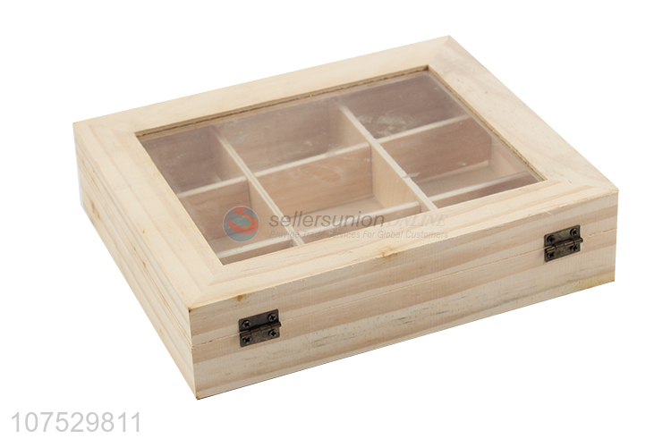 Promotional 6 compartments wooden jewelry case with glass window lid